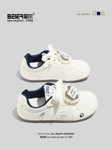 BEIER Casual New Fashion Versatile Leather Casual Shoes, Women Round Toe Flat Lace-Up Sneakers - Blue and White - View 3