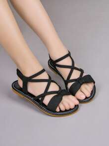 Casual Minimalist Children Open Toe Sandals, Lightweight & Comfortable Slip-On Girls Flat Sandals - Black - View 3