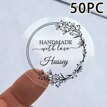 Custom Clear Plastic Stickers With Black Print - Personalized Handmade Lavender Wreath Decals - 50-Pack Adhesive Labels With Love By Your Name