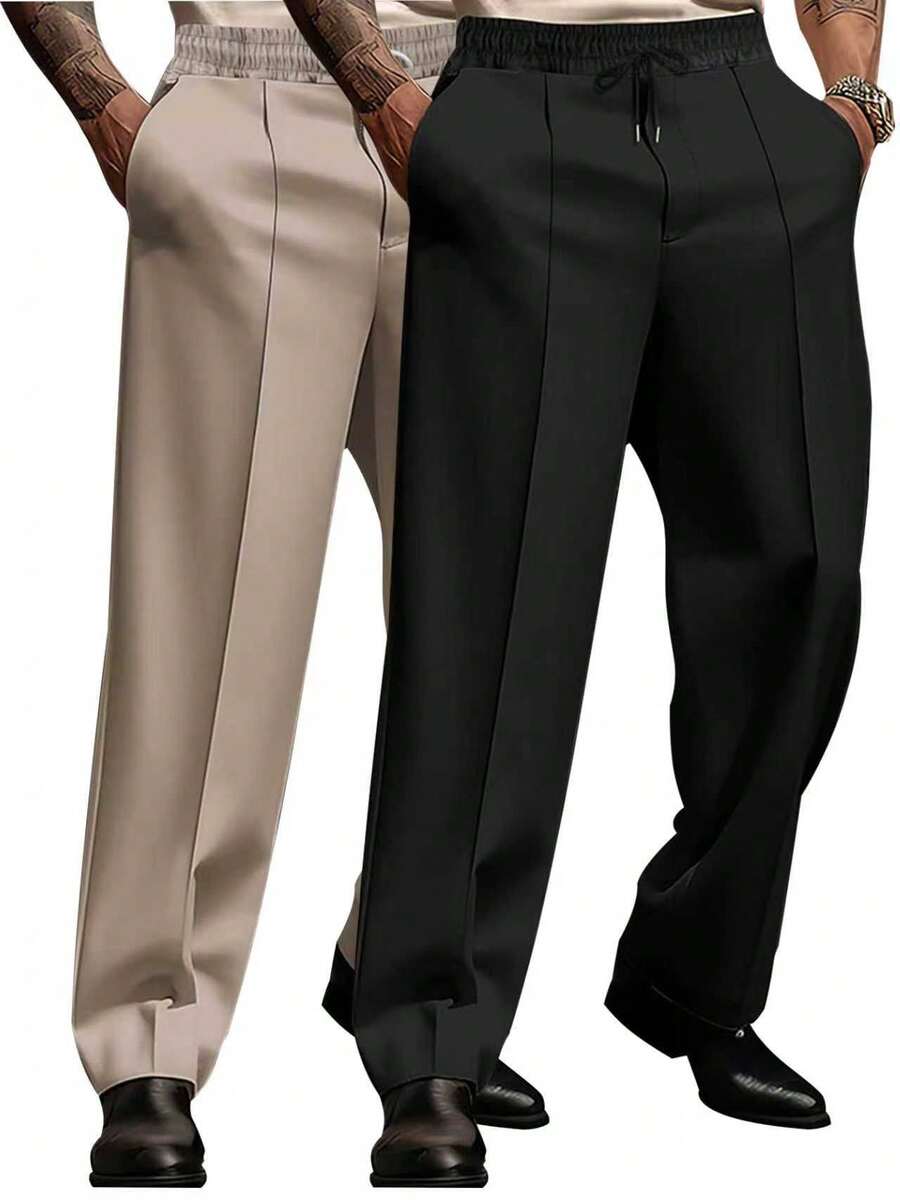 EXARUS 2-Pcs Men's Classic Commuting Trousers, Elastic Waist With Drawstring Casual Straight-Leg Pants, Business Draped-Feel Long Pants, Minimalist Wardrobe Zero-Restriction Trousers. - 黑色+卡其色 - 查看 1