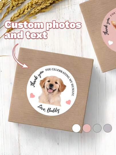 15/35/70pc Personalized Custom Pet Photo Circular Stickers, Personalized Photo Text Custom Label Stickers, Custom Photo Stickers, Thank You Circular Thank You Stickers, Waterproof Self-Adhesive Packaging Sealing Stickers, Gift Packaging Decoration Stickers