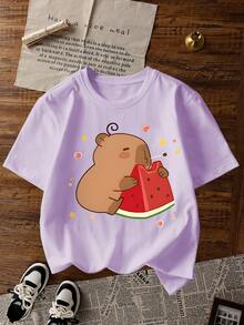 3件套女童休闲印花圆领短袖T恤，夏季学生童装 - 可爱动物和珍珠奶茶印花T恤，为每个孩子带来欢乐和幸福！ - 紫色 - 查看 2