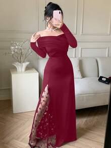 abyoxi Đầm ôm sát dài tay trễ vai màu đỏ tía dành cho nữ, họa tiết hoa 3D, phối lưới, thiết kế xẻ cao, gợi cảm và thanh lịch, quyến rũ cổ điển, phù hợp cho những buổi hẹn hò lãng mạn, ngày Valentine, tiệc năm mới, bữa tối trang trọng, đầm maxi mùa xuân/hè/thu. - Màu Đỏ Sâu - Xem 5