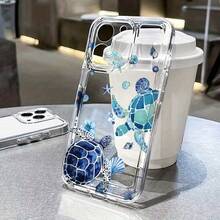 Patrón de tortuga marina azul y estrella de mar para iPhone 16 Pro Max, para iPhone 14/15/15 Plus, 13 Pro, 12, 11, 8 Plus, X/XR/XS Max, funda protectora transparente de cobertura total - Funda de teléfono de alta estética a prueba de golpes - Colores mixtos - Ver 2