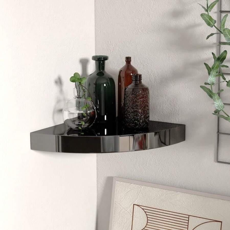 Larryhot Estante flotante de esquina MDF negro brillo 25x25x3,8 cm, Fácil de montar, elegante y hermoso, y conveniente para almacenar artículos, es una opción ideal para el almacenamiento y la decoración del hogar. - Negro - Ver 1