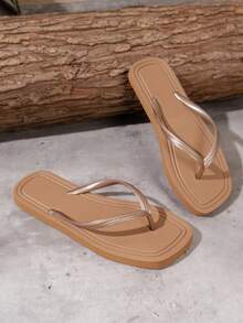 女士户外平底人字拖，时尚软底度假游泳沙滩拖鞋，舒适室内家居凉鞋 - 棕色 - 查看 5