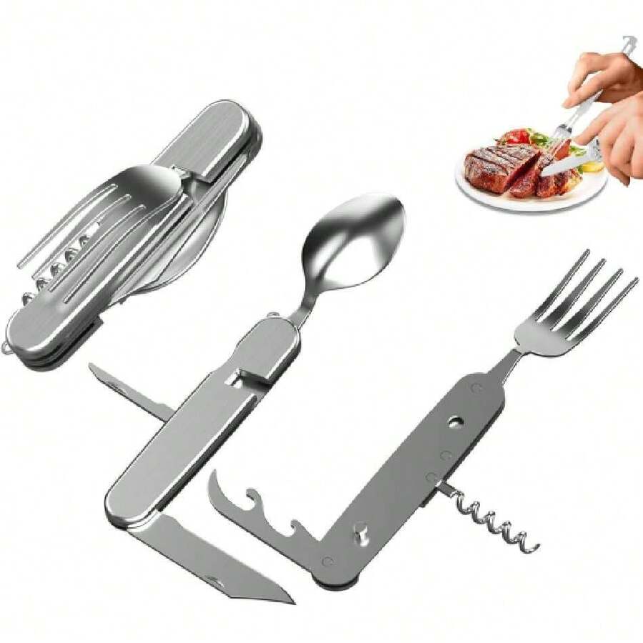 Cubiertos Camping, 6 En 1 Plegables, Acero Inoxidable, Incluye Cuchillo, Tenedor, Cuchara, Abrebotellas, Abrelatas y Lima, Ideal Para Senderismo, Viajes y Actividades Al Aire Libre,37327569 - Multicolor - Ver 1