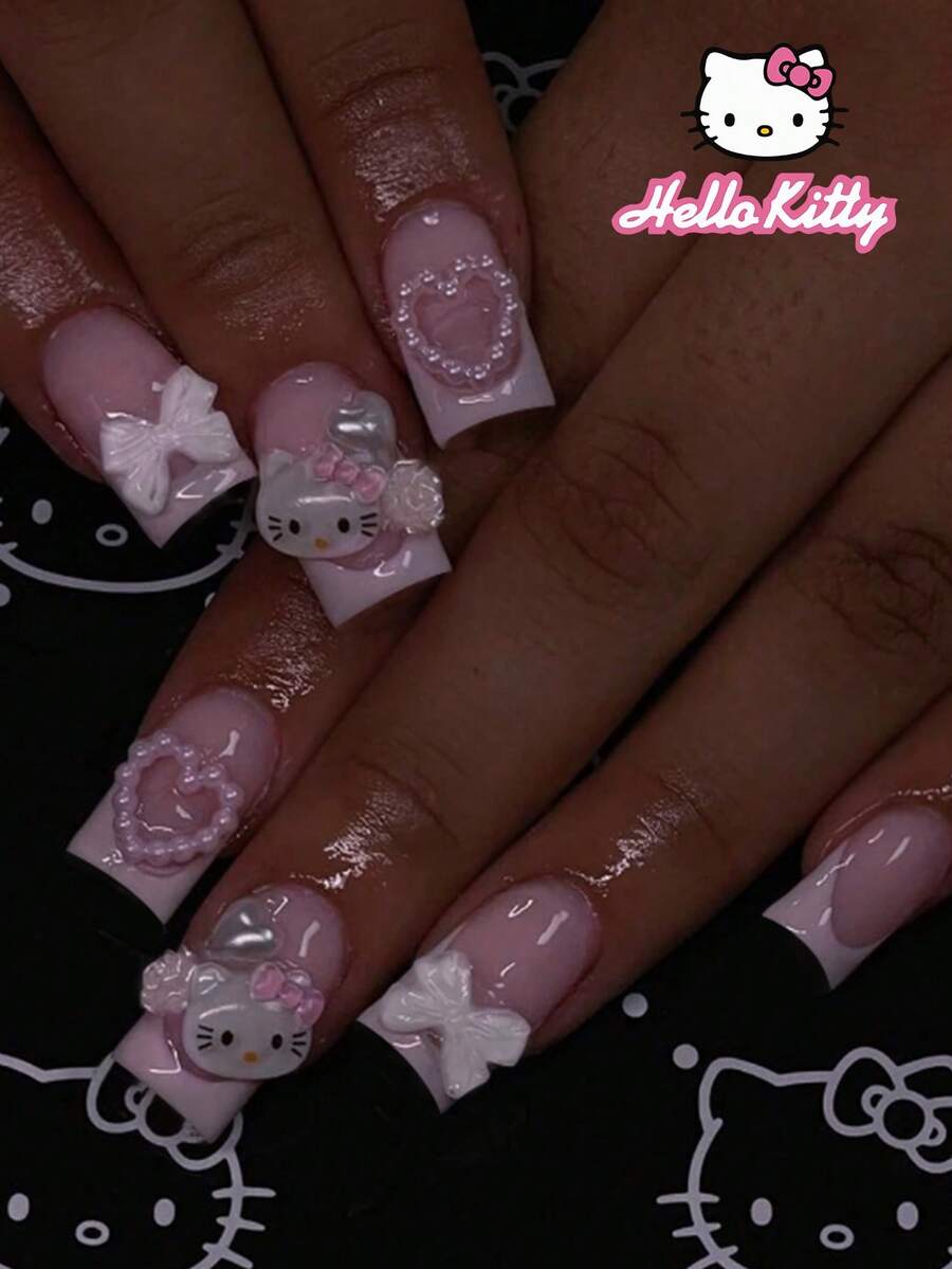 SANRIO 24片方形可爱3D法式尖头美甲贴片，短款美甲，饰有爱心、花朵和蝴蝶结图案，粉色少女风，完美贴合亚克力假指甲套装，包含1支果冻胶和1个指甲锉，适合女性、女孩日常、派对和聚会使用。 - 彩色 - 查看 1