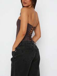 Womens Solid Tube Top, Slim Fit Tie Back Off Shoulder Sleeveless Crop Top For Summer Streetwear - màu nâu cà phê - Xem 4