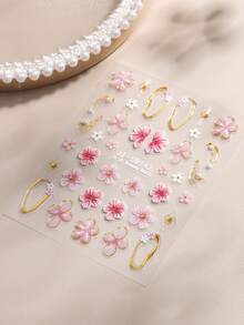 2Pcs 5D Embossed Spring/Summer Hibiscus Nail Stickers, Pink Gradient Hibiscus Pattern And French Gold Outline Design - Self-Adhesive Nail Stickers, Cute And Charming Decorative Stickers, Create Elegant Spring/Summer Nail Art DIY - Nail Salon Supplies - Multicolor - View 4
