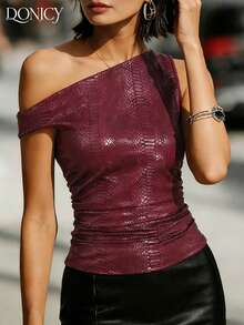 DONICY Top plissé épaules dénudées en faux cuir imprimé serpent bordeaux pour femmes. Style élégant pour les sorties, la Saint-Valentin, les fêtes