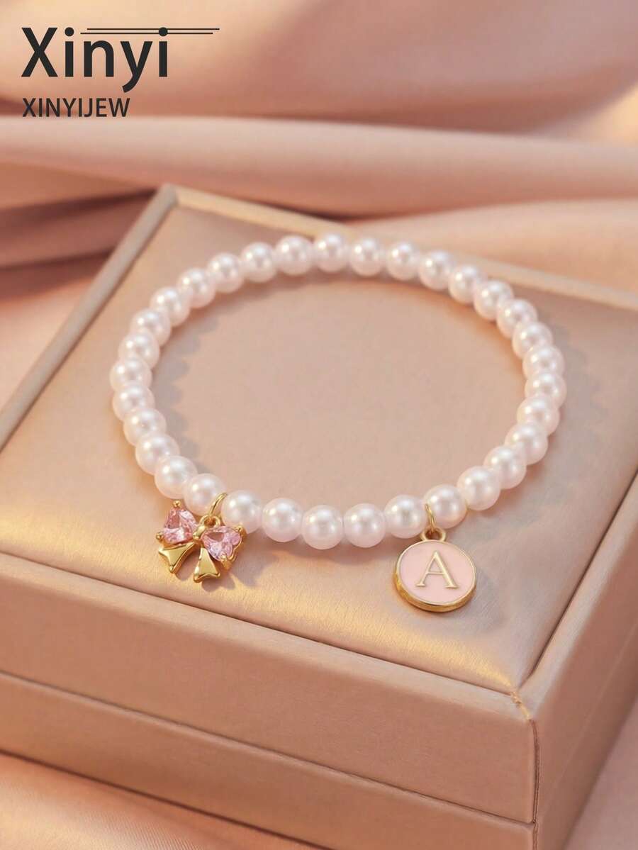 1pc Fashionable Cute Pink A-Z Initials & Bowknot Handmade Faux Pearl Bracelet For Women For Small Accessory Design Bracelet