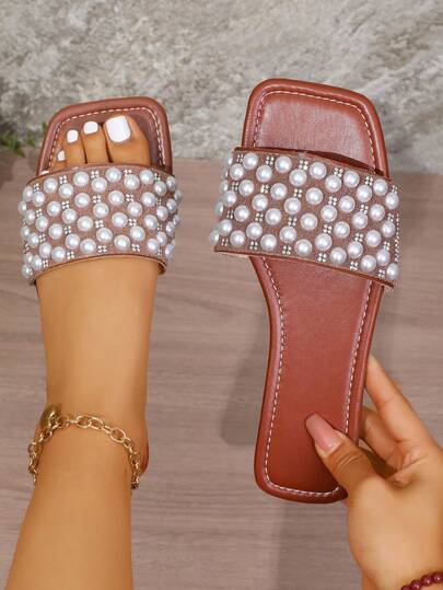 Pearl Square Toe Slippers For Women, New Spring/Summer Indoor/Outdoor Dual-Use Flat Slip-On Beach Sandals