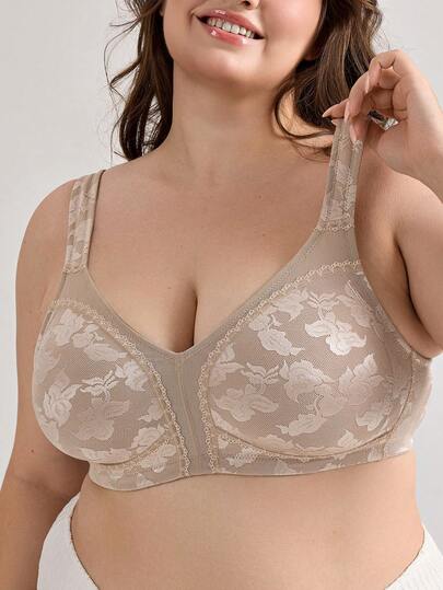  WINGSLOVE Plus Size This Popular Beige Floral Lace Full Coverage Bra Features Adjustable Straps And Supportive Design - Combining Feminine Elegance And All-Day Comfort. Especially Suitable For Curvy Figures, It Perfectly Matches Casual Outfits And Minimalist Styles, Providing Reliable Lift And Breathable Fit!
