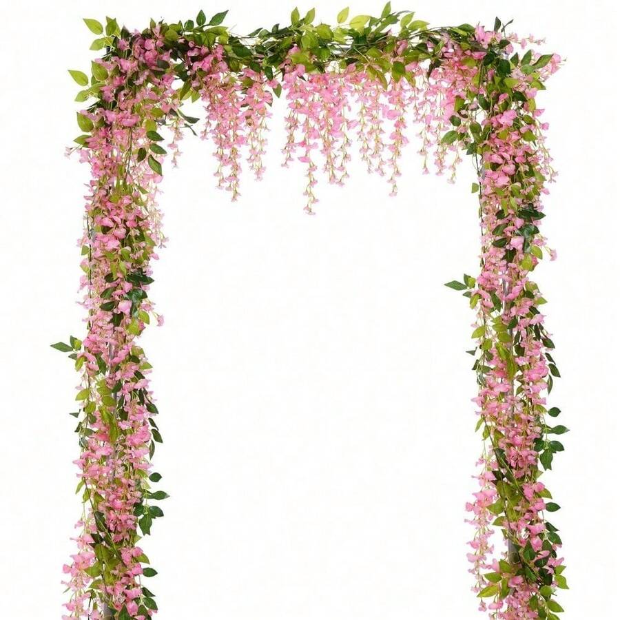 Wisteria Artificial Flowers Garland, 4Pcs Total 28.8ft White Artificial Wisteria Vine Silk Hanging Flower For Home Garden Outdoor Ceremony Wedding Arch Floral Decor - 粉色 - 查看 1