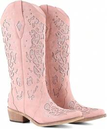 Women's Cowboy Boots, Western Cowboy Boots, Black Embroidered High Boots, Chunky Heel Pointed Toe Boots, Sparkly Rhinestone Wedding Boots, Fashionable Retro Party Boots - 粉色 - 查看 1