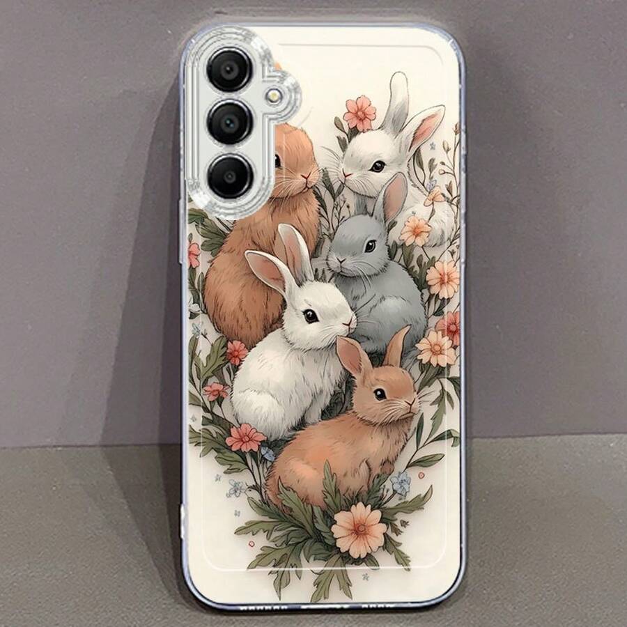 Funda de Teléfono de Conejo de Flores para Samsung para Galaxy A02 A03S A04 A05S A06 A13 A14 A15 A16 5G A21S A22 A23 A24 A25 A26 A32 A34 A35 A36 A50 A52 A53 A54 A55 A56 A73 S21 Ultra S22 Plus S23+ S24 FE S25 Funda Protectora Transparente Duradera y Creativa de TPU Antigolpes - Multicolor - Ver 1