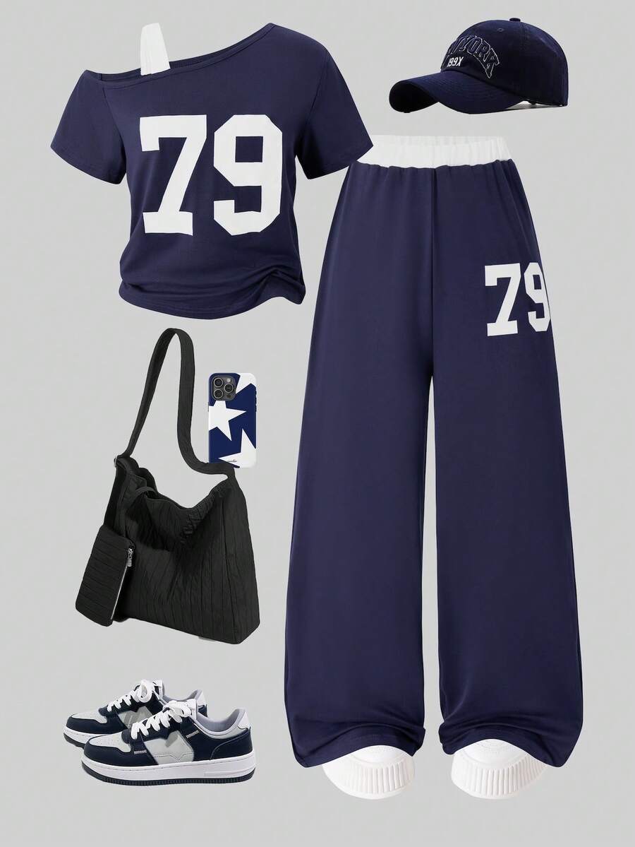 Sweet & Spicy Girl Slouchy Asymmetrical Shoulder Short Sleeve T-Shirt Set, Digital Print Asymmetrical Shoulder Short Sleeve Top With Pants, Suitable For Summer Daily Wear, Shopping, Travel, Campus