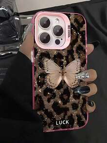 1pc New Shiny Gold Butterfly Leopard Print﻿Compatible For Phone 16/15/14/13/12/11/8/ 7ProMax/Pro/Plus/Xs Max/XS/X,For Compatible With Colored Silver Hard Shell, Fall Prevtion Anti-Shock, Anti-Slip, Anti Drop, Camera Ls Protection, Silicone Anti Wear Phone﻿﻿﻿.Holiday Phone Accessories.Cute Phone Cases 16 Case Silicone Phone Case Pink Christmas Cover De - Pink - View 4
