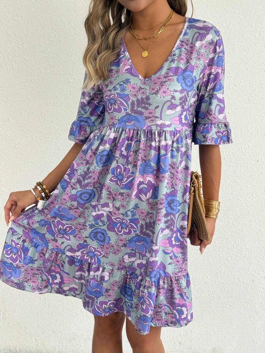 Women's V Neck Floral Print Ruffle Hem Tiered Midi Dress | Bohemian Casual Summer Dress