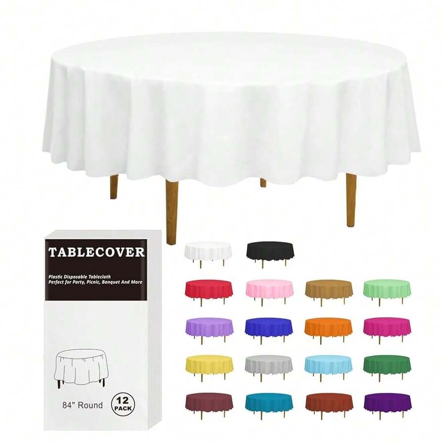 D&Z Plastic Table Cloth Disposable, 12 Pack White Round Tablecloth Individually Wrapped For Indoor&Outdoor, 84 Inch Table Cover For Party, Picnic, Birthday, Wedding & Dinner - White - View 1