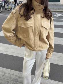 Women's PU Leather Jacket, Bomber Jacket, Zipper Jacket, Suitable For Autumn & Winter, Street Style Outerwear - Champagne - View 3
