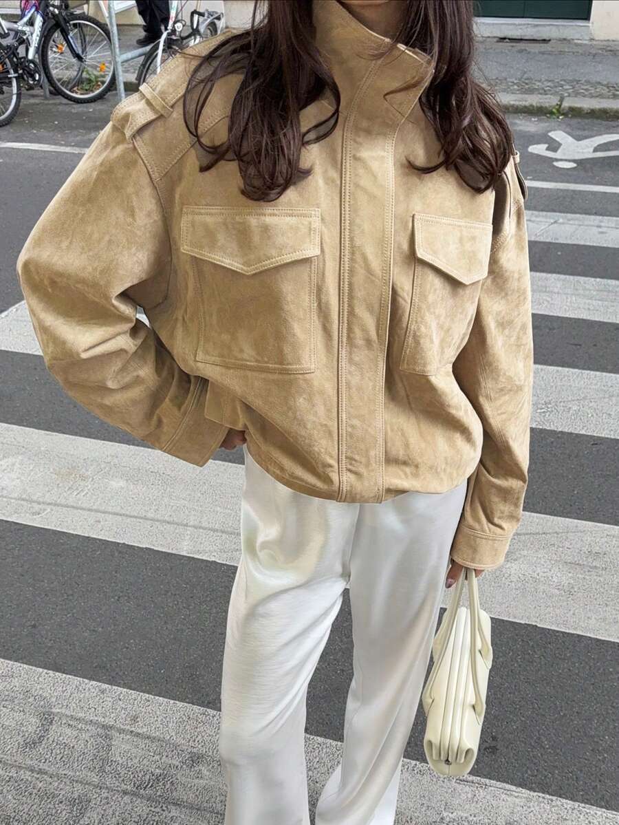Women's PU Leather Jacket, Bomber Jacket, Zipper Jacket, Suitable For Autumn & Winter, Street Style Outerwear, Aesthetic - Champagne - View 1