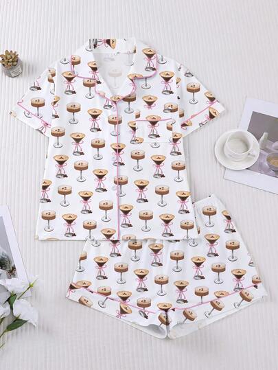 Marira 2pcs Women's Sleepwear Set, Coffee Element Print, Soft Fabric, Fashionable Outfit For Holiday Party, Short Sleeve Shirt Collar Button-Up Top And Elastic Shorts, Casual Loungewear For All Seasons