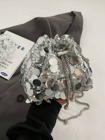1pc Chain Drawstring Closure PVC Sequin Shiny Bucket Bag, Metal Pearl Decor Glitter Colorful Women's Evening Party Shoulder Crossbody Lipstick Pouch, Fashion Gift Bag Suitable For Women's Party And Formal Wear
