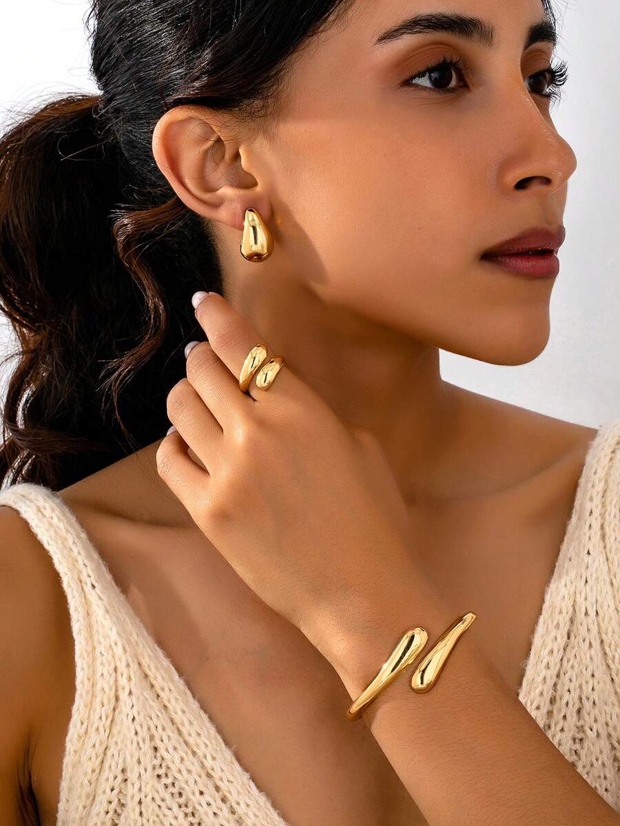 1 Set Bohemian Minimalist Fashion Metal Geometric Water Drop Shaped Bangle Bracelet, Ring, Earrings, Versatile Jewelry Gift For Daily & Holiday Wear