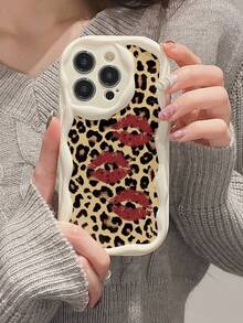 豹纹唇彩印花平纹米色奶油质感软壳，兼容 17/17PROMAX/ 16/ 16 Pro/ 16 Pro Max/ 15/XR/7P/8P/P12 Pro Max/P13 Pro Max/P14 PRO Max/P13/P14/P11/P12/P14女款柔软防摔手机壳，XS/S/XS Max/78GES2，可爱时尚加厚款 - 彩色 - 查看 5