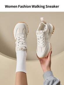 somiliss 1 Paar Damen Lässig Sportschuhe, Schnürung vorne, Leder & Stoff Patchwork, leicht & bequem flache Outdoor Walkingschuhe, geeignet für Pendeln, Yoga, Fitness, Joggen, apricotfarbene Sneaker