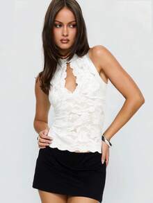 Women's Mock Neck Lace Sleeveless Top Keyhole Cutout Sheer Fitted Blouse - White - View 3