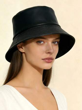 1顶女士PU皮渔夫帽 - 复古英伦风小众时尚百搭皮帽，短檐运动帽，适合春、夏、秋季佩戴