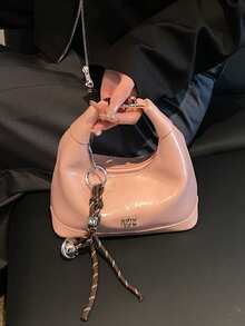 1 buah Tas Tote Kulit PU Wanita Motif Kulit Ular Imitasi, Warna Polos, Gaya Minimalis, Dilengkapi dengan Gantungan Motif Acak - Berwarna merah muda - View 2