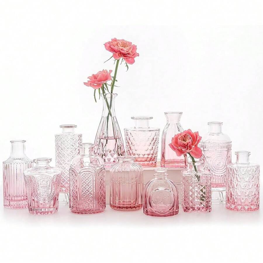 12Pcs Glass Bud Vase Set, Small Flower Vase For Centerpieces, Pink Bud Vases In Bulk, Mini Vintage Vase For Rustic Wedding Decorations,12Pcs,Pink - 粉色 - 查看 1