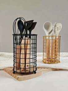 Porte-ustensiles de cuisine élégant en fer avec base en bois - Panier de rangement rond pour baguettes, fourchettes et cuillères - Panier de rangement de comptoir avec fonction d'égouttage - Multicolore - Voir 2