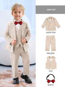 3 cái/bộ Suit dài tay màu trơn cho bé trai mới tập đi, thích hợp cho trang phục biểu diễn đám cưới của người mang nhẫn, có thắt nơ, cho mùa xuân và mùa thu - Màu Khaki - Xem 2