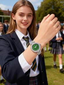 1件装女孩奢华祖母绿水钻手链手表，全镶钻表带，高端优雅派对礼物手表，适合圣诞节、情人节、斋月、开斋节、狂欢节等节日佩戴。 - 彩色 - 查看 11