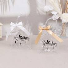 5Pcs Ramadan Kareem Transparent Gift Bag PVC Handbag With Ribbon Bow Moon Lantern Print Muslim Festival Gift Packaging Bag For Eid Mubarak - Transparent Gift Bag - View 5