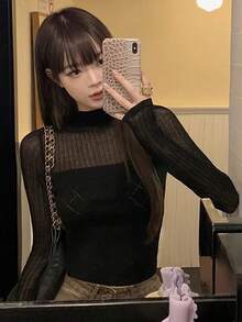 Thin Soft Diamond Grid Sheer Slimming Waist Long Sleeve Women's Sweater, Fitted Knit Top Suitable For Outings, Dates, Vacations, Evenings, Parties, Christmas, New Year, Commuting, Spring/Summer - Black - View 4