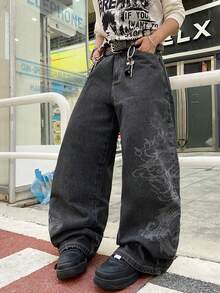 1pc Men's Fashionable Casual Wide Leg Pants, Loose Fit College Style, Comfortable Street Laser Graphic Jeans (No Belt Or Accessories) - 黑色 - 查看 6