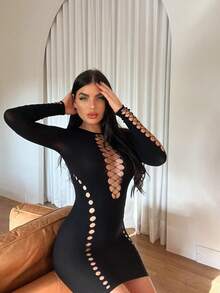 Women's Sexy Lingerie, Women's Embroidered Bodysuit, Funny Sexy Hollow Out Three-Piece Sexy Sleepwear - Black - View 2