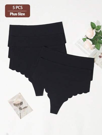 5pcs/Pack Plus Size Women Seamless Breathable Panties, Wavy Trim Design, Suitable For Daily Wear And Sports, All Season