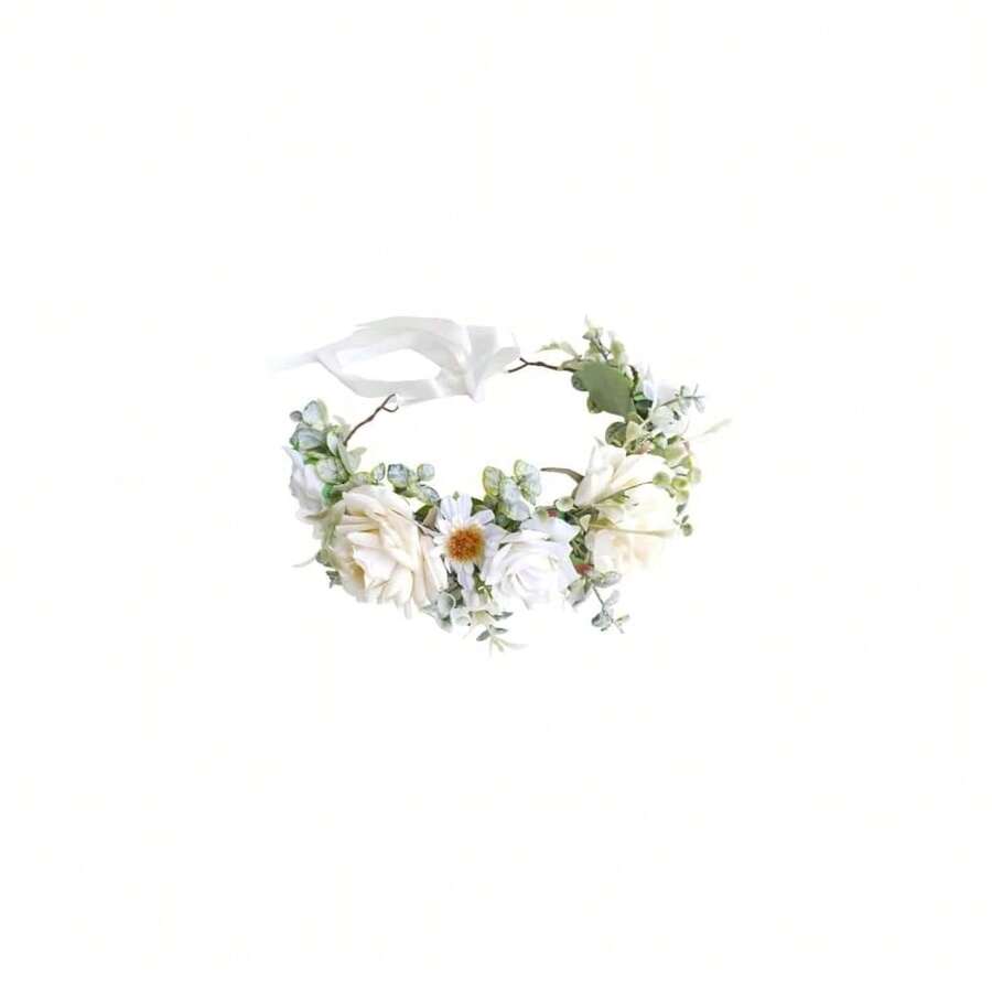 YAZILIND Boho White Flower Crown With Greenery – Handmade Artificial Floral Headband With Daisies And Roses For Wedding, Festival, Or Photoshoot,13-White - 13-白 - 查看 1