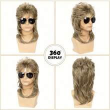 80年代男士鲻鱼头假发 - 耐热合成纤维，卷曲纹理，密网帽，朋克摇滚迪斯科主题派对和万圣节装扮假发 - 卡其色 - 查看 2