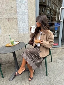 Women Summer Midi Skirts Casual Elegant Dots Print Classic Fit Long Skirts For Beach Vacation Club Streetwear - Màu Khaki - Xem 4