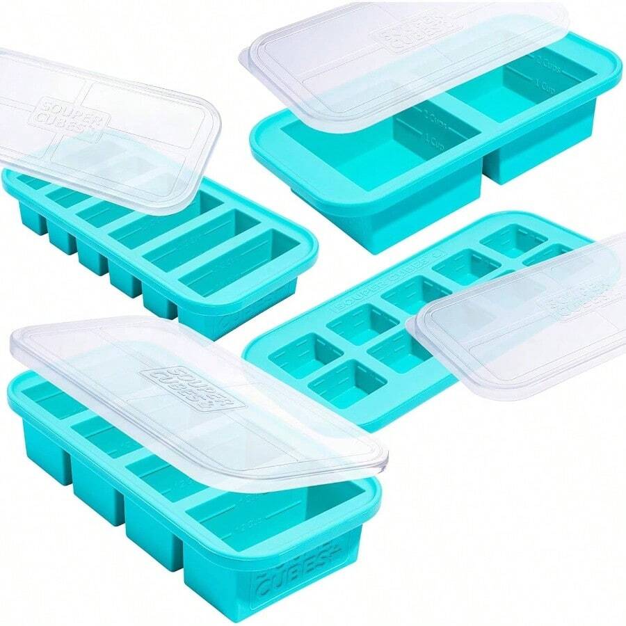 Silicone Freezer Molds Gift Set With 2 Tbsp, 1/2, 1, And 2 Cup Silicone Freezer Trays With Lids - Meal Prep And Kitchen Essentials Bundle - Aqua - Nước - Xem 1
