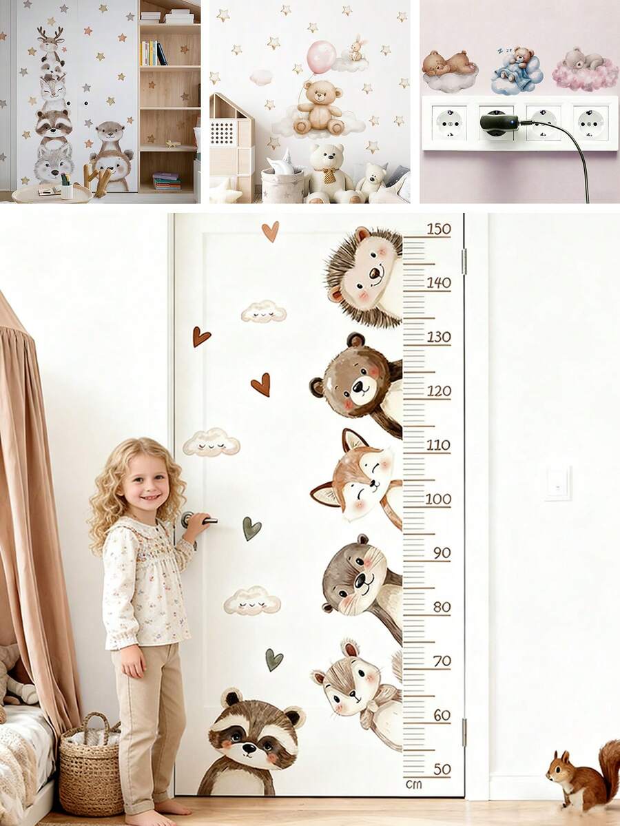 BRUP 1/2/3 Sheets Cute Forest Animals Growth Chart Wall Sticker For Kids Room , Removable Height Measurement Ruler Decal For Nursery Baby Room - Multicolor - View 1