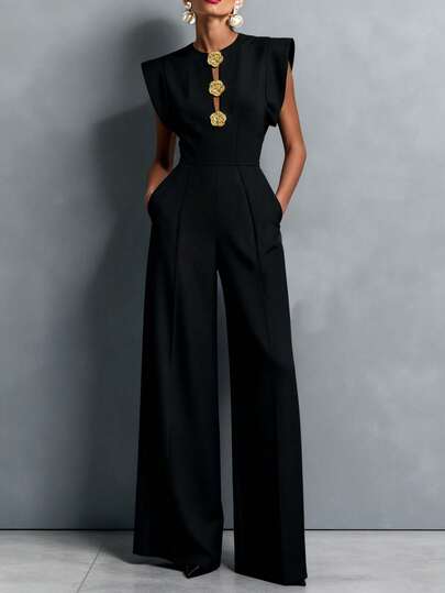 Casual Elegant Solid Color Woven Fabric Front Button Zipper Pocket Jumpsuit, Suitable For Office Wear, Spring/Summer